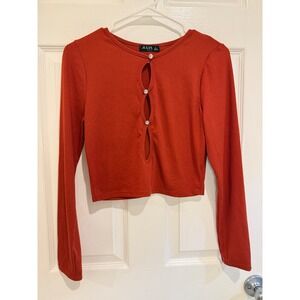 Julia Ribbed Knit Crop Top Long Sleeve Cutout‎ Jewel Buttons Rust Size L
